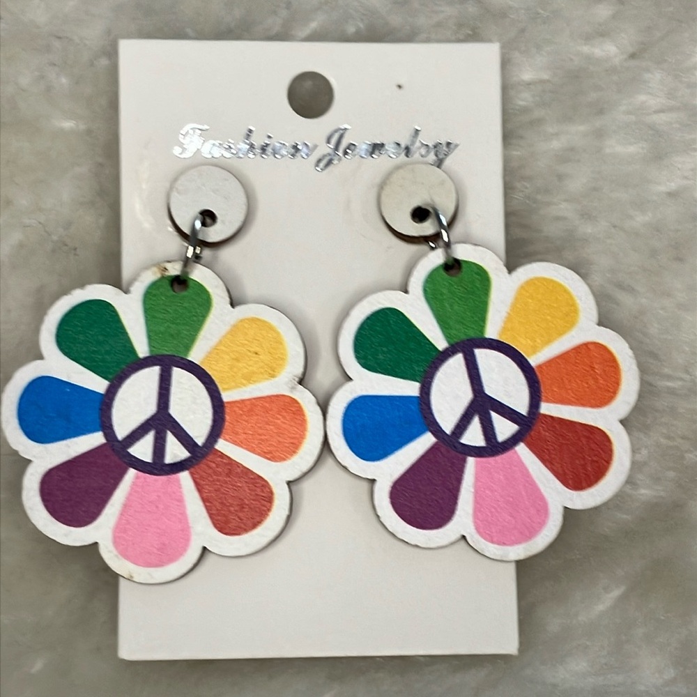 Source Unknown Multicolor Peace Sign Flower Dangle Earrings